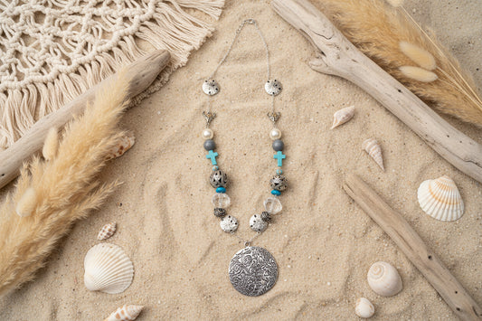 Coastal Spirit Pendant Necklace Turquoise Crosses & Silver Medallion