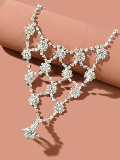 Beach Rhinestone Flower Anklet Barefoot Sandals Silver Foot Chain with Toe Ring-2