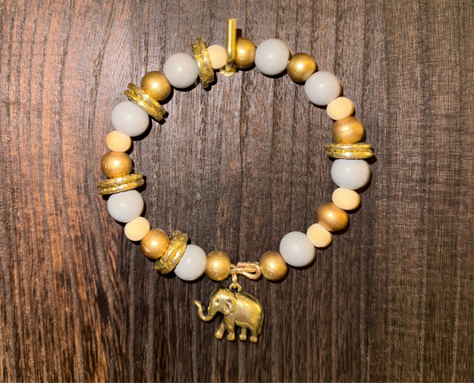 Elephant charm Bracelet Key Ring- Gold & Neutral beads