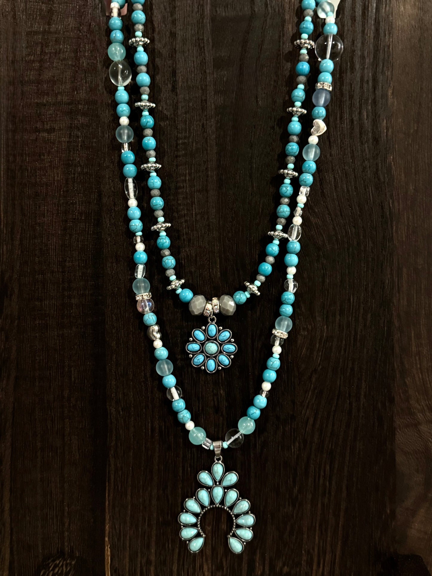 Turquoise Dreams Layered Necklace set-Crescent Moon & Floral Charm