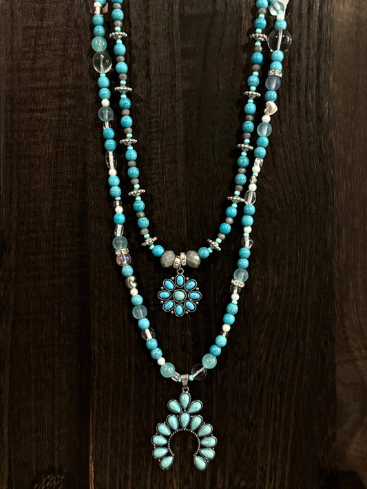 Turquoise Dreams Layered Necklace set-Crescent Moon & Floral Charm