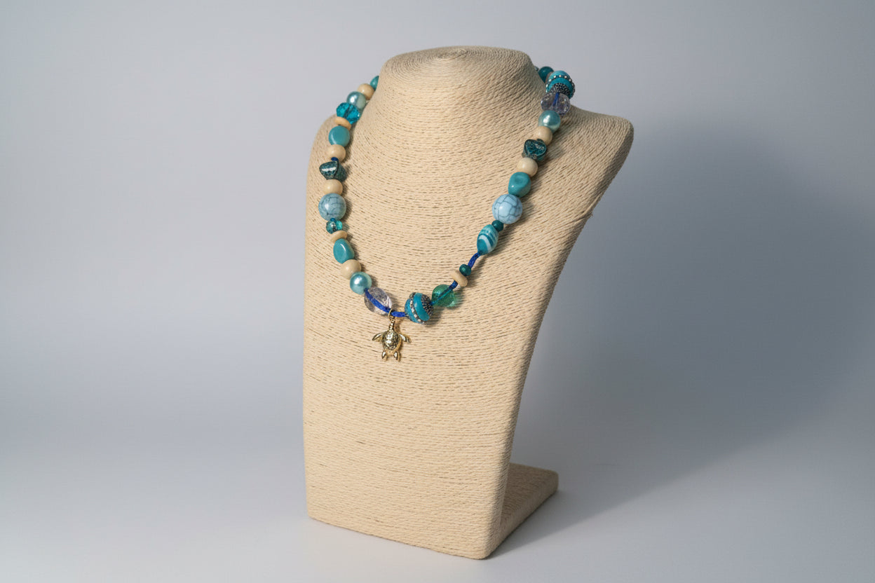 Ocean Aura Beaded Necklace with Gold Charm