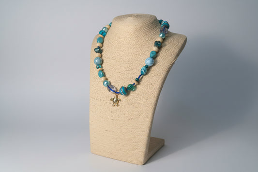 Ocean Aura Beaded Necklace with Gold Charm